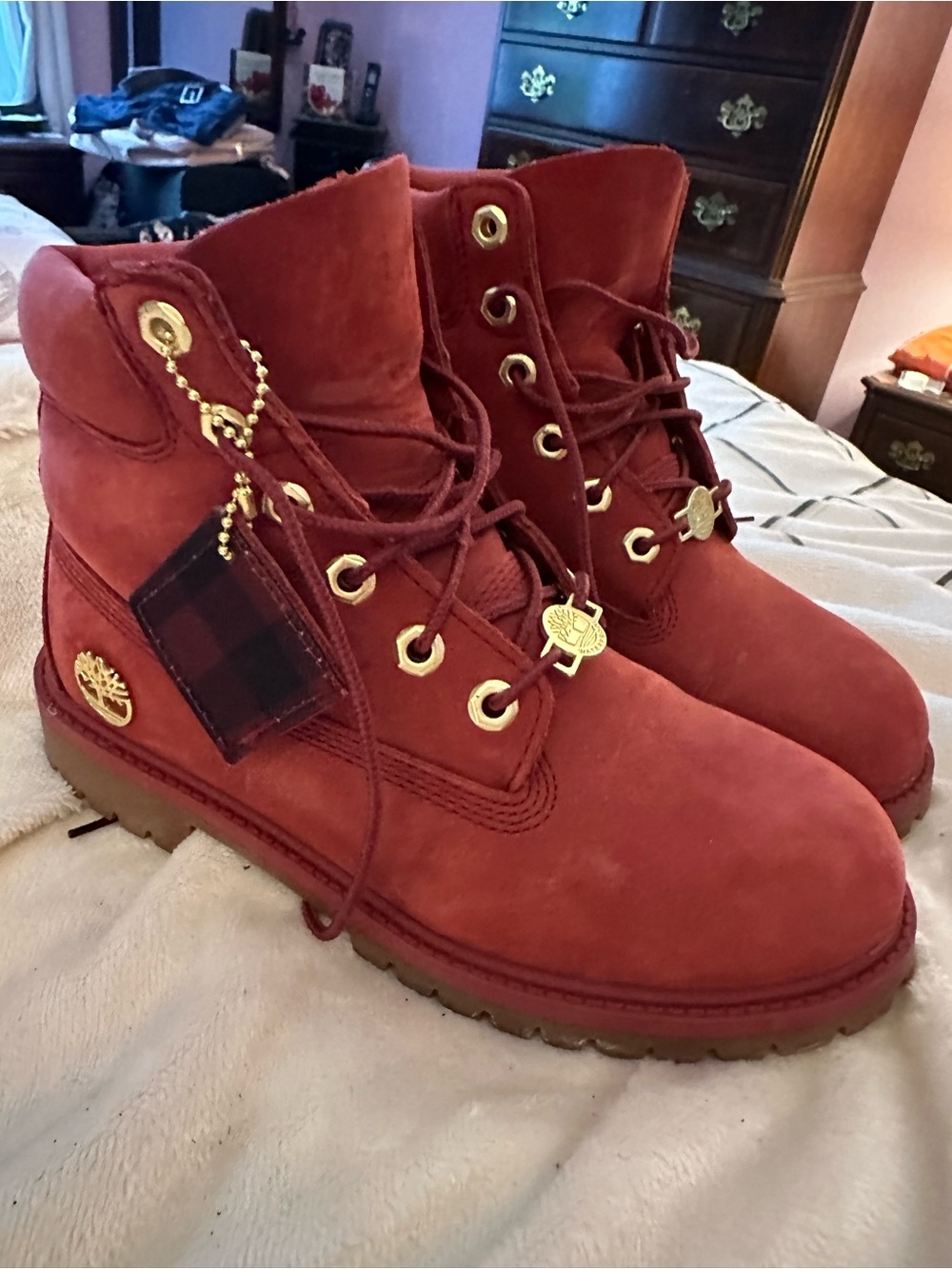 Timberland Kids Burgundy Suede Lace-Up Boots with Gold Hardware